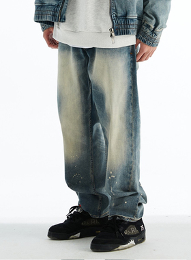 XMXX联名fairplay 水洗做旧 泼墨 弹力宽松休闲直筒牛仔裤
