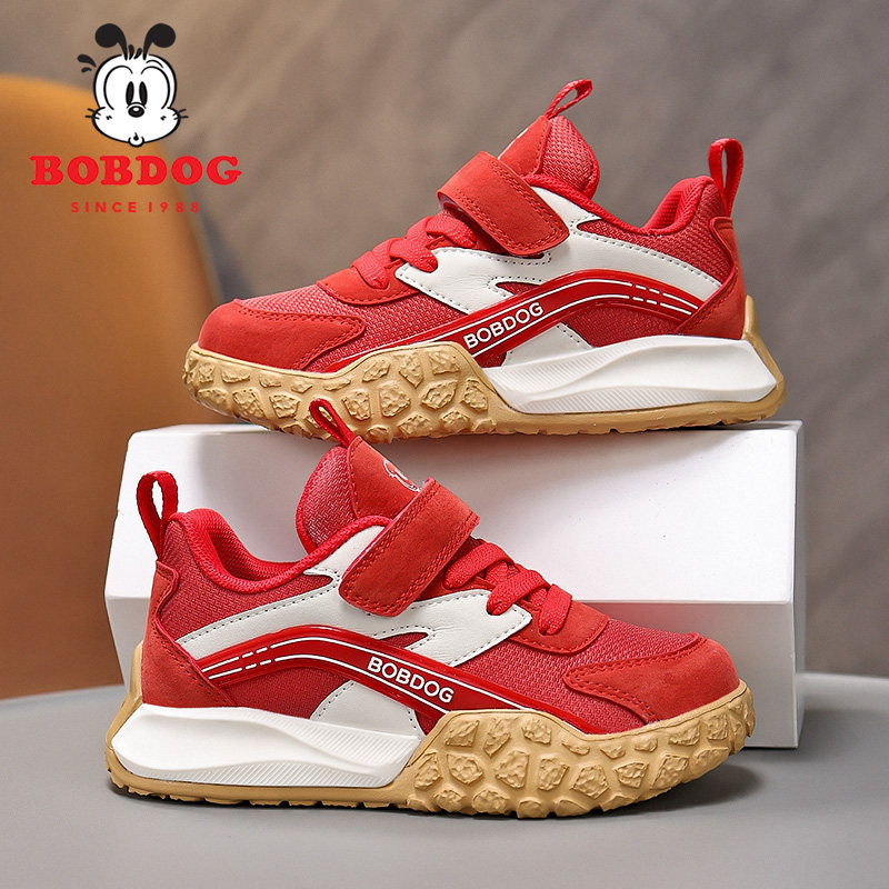 巴布豆春秋季本命年大红色生日鞋男童运动鞋网面透气儿童跑步鞋子