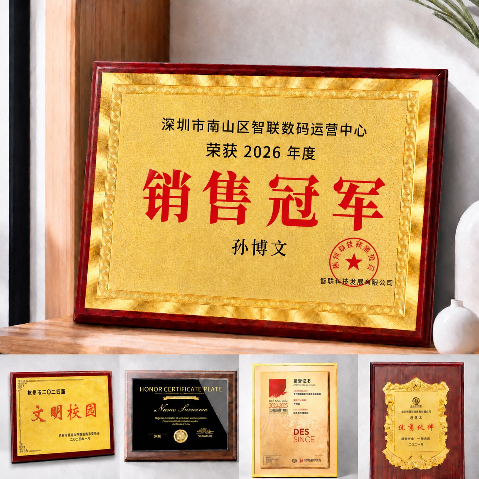 冠军奖牌荣誉牌匾定制金箔木质授权牌证书牌定做金属木托铜牌颁奖