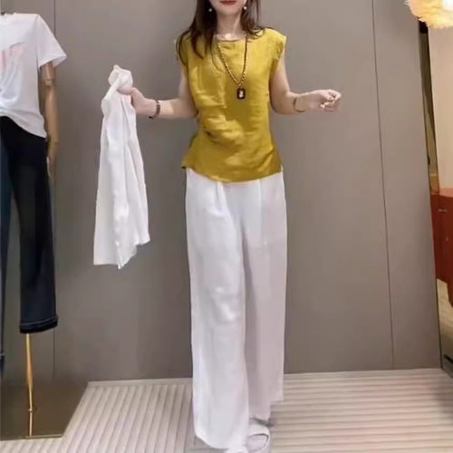 日系coopkoop夏季新款时尚收腰无袖上衣高腰阔腿长裤女装