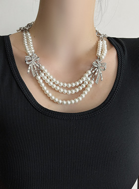 日系CoopKoop复古vintage多层珍珠蝴蝶结项链小众气质高级感时尚