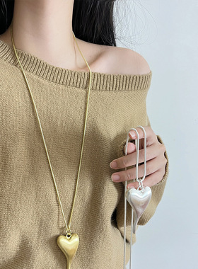日系CoopKoop银色拉丝不规则爱心长款吊坠项链女高级感百搭毛衣