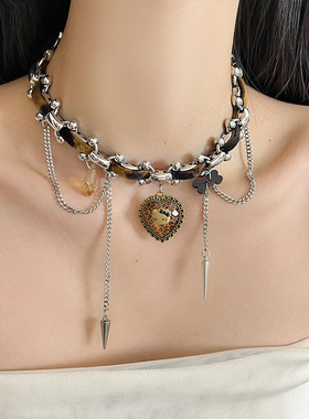 日系CoopKoopY2K千禧辣妹豹纹猫咪吊坠皮革项链choker颈链小众