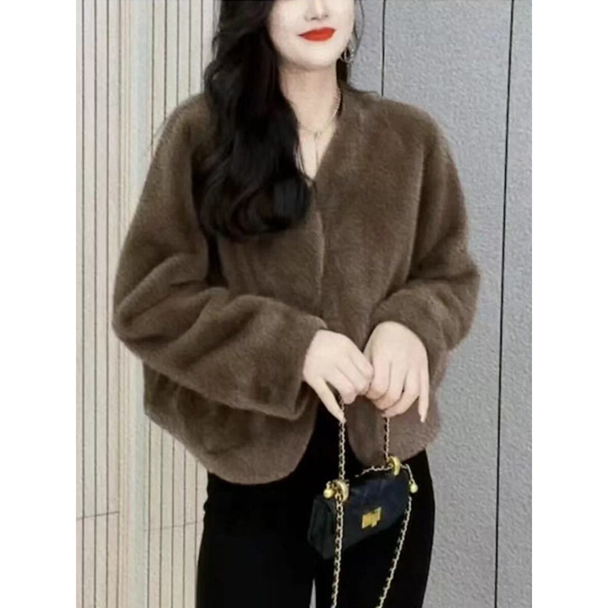 日系coopkoop水貂绒皮毛一体v领外套女秋冬新款软糯慵懒宽松加厚