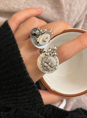 日系CoopKoop新中式古风纽扣贝壳手工串珠戒指女复古冷淡风弹力