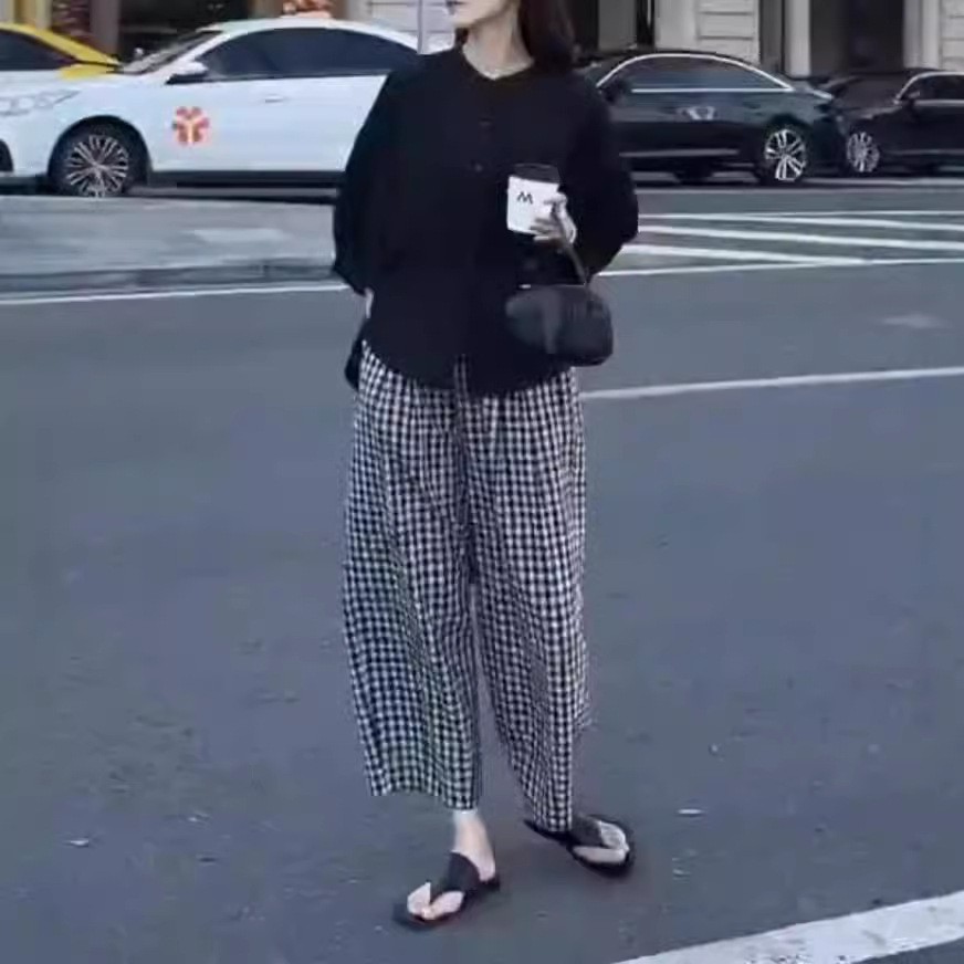 日系coopkoop夏季新款宽松防晒开衫上衣休闲格子裤洋气女