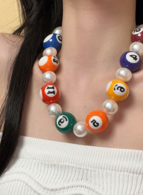 日系coopkoop明星彩色台球项链女多巴胺独特珍珠锁骨链小众个性
