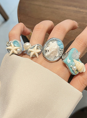 日系CoopKoop夏日度假风海洋元素叠戴戒指设计感仿珍珠海螺海星