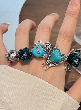 日系CoopKoopins风绿松石手工串珠戒指琉璃花朵蝴蝶镶钻开口指环