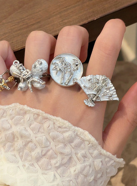 日系CoopKoop新中式国风竹节浮雕折扇戒指女辣妹甜酷个性指环