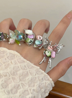 日系coopkoop夏季多巴胺彩色石蝴蝶戒指女小众高级感指环百搭