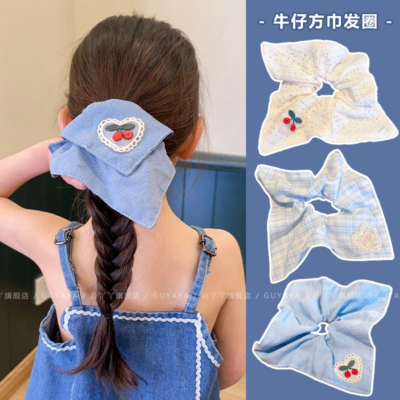 儿童牛仔蓝方巾大肠圈丸子头发绳
