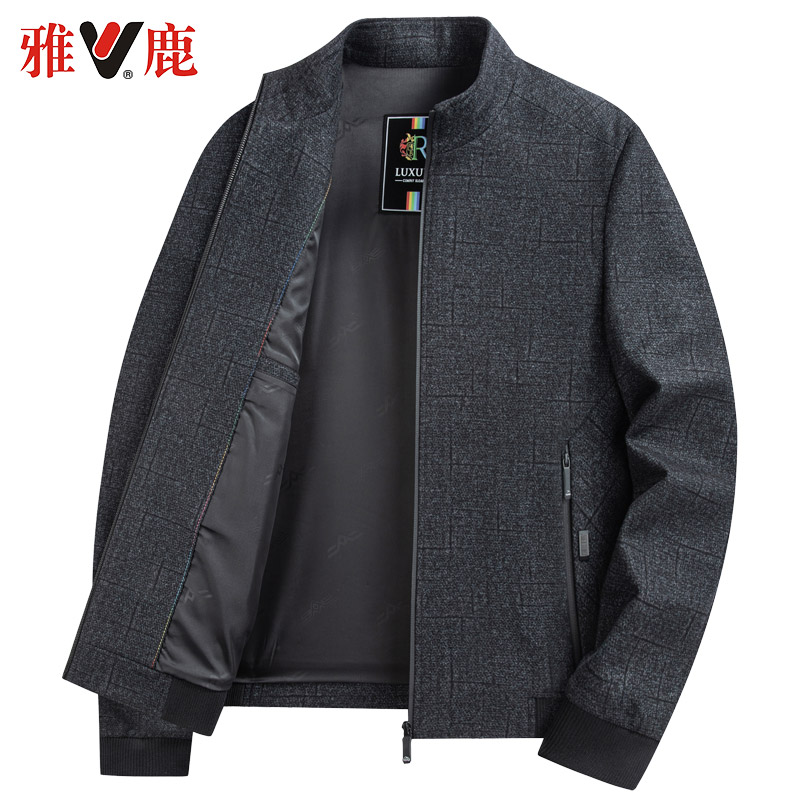 雅鹿中老年夹克男2024春秋季新款爸爸外套男装宽松立领休闲上衣服