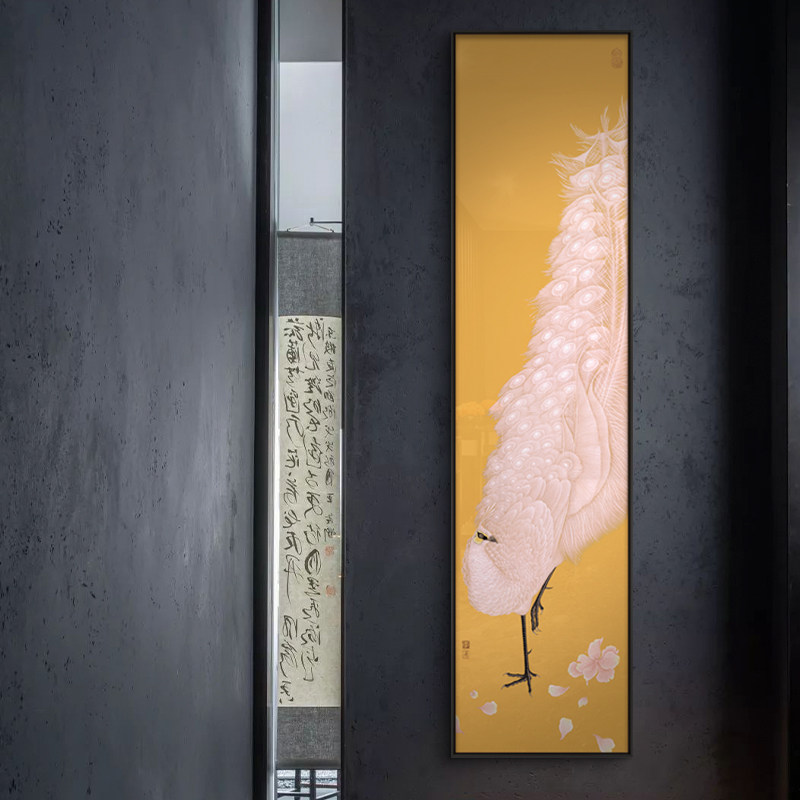 新中式别墅客厅玄关孔雀装饰画黄色红色走廊过道卧室挂画寓意好