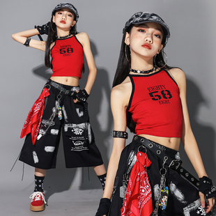 女 童红色爵士舞演出服少儿jazz背心套装儿 童街舞服装女孩裤子潮