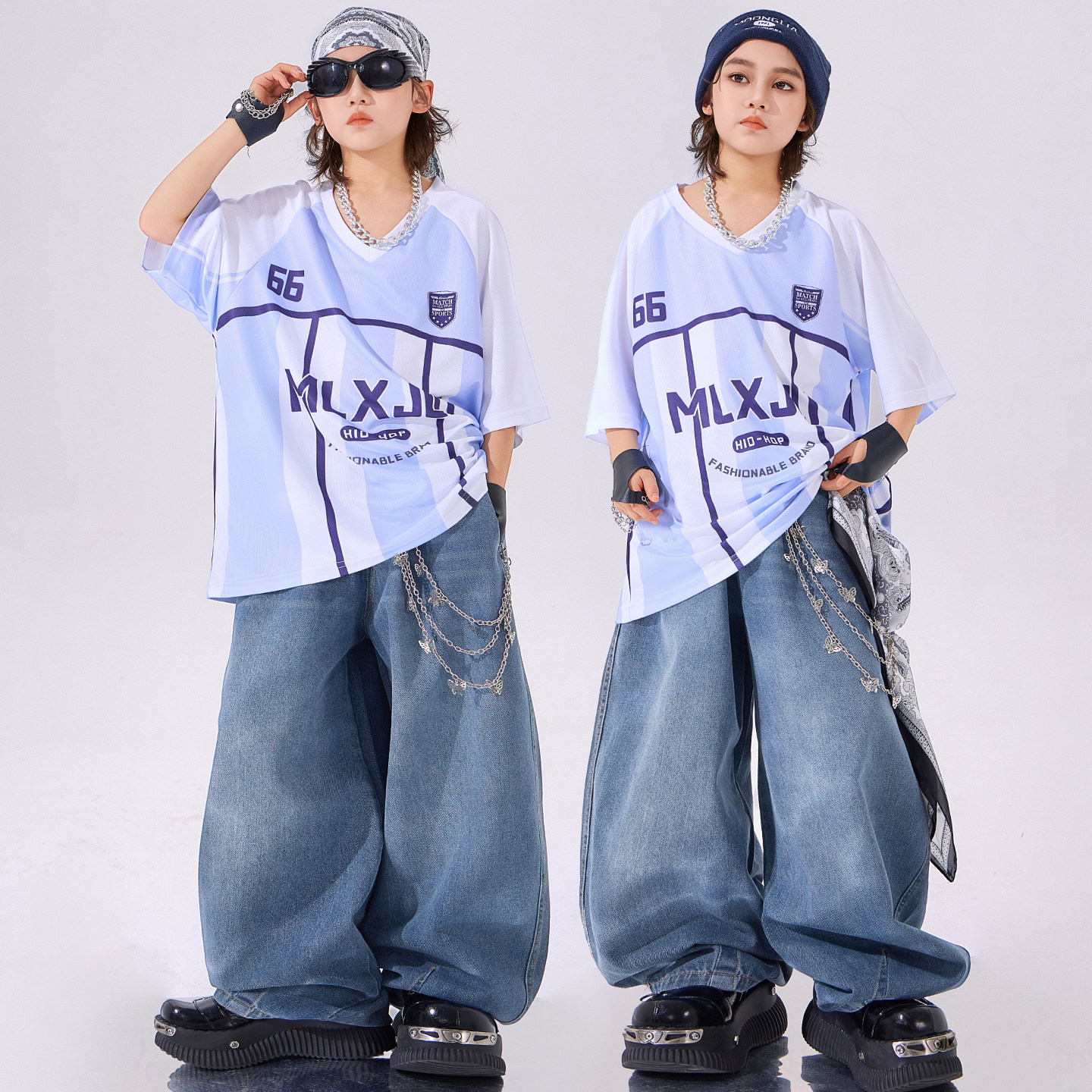 儿童街舞潮服hiphop套装白色短袖男童嘻哈风演出服少儿表演服装女