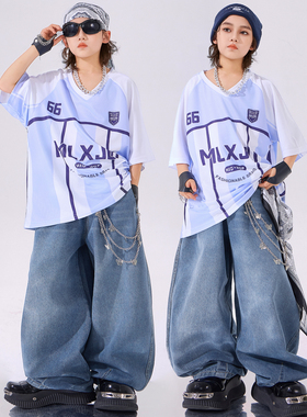 儿童街舞潮服hiphop套装白色短袖男童嘻哈风演出服少儿表演服装女