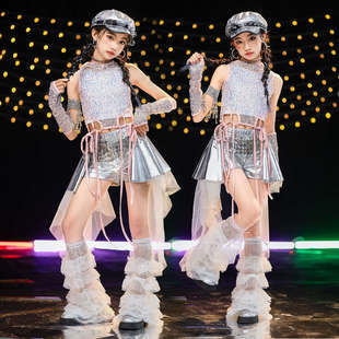 少儿爵士舞演出服女孩街舞亮片背心皮裤 裙儿童jazz女童爵士舞服装