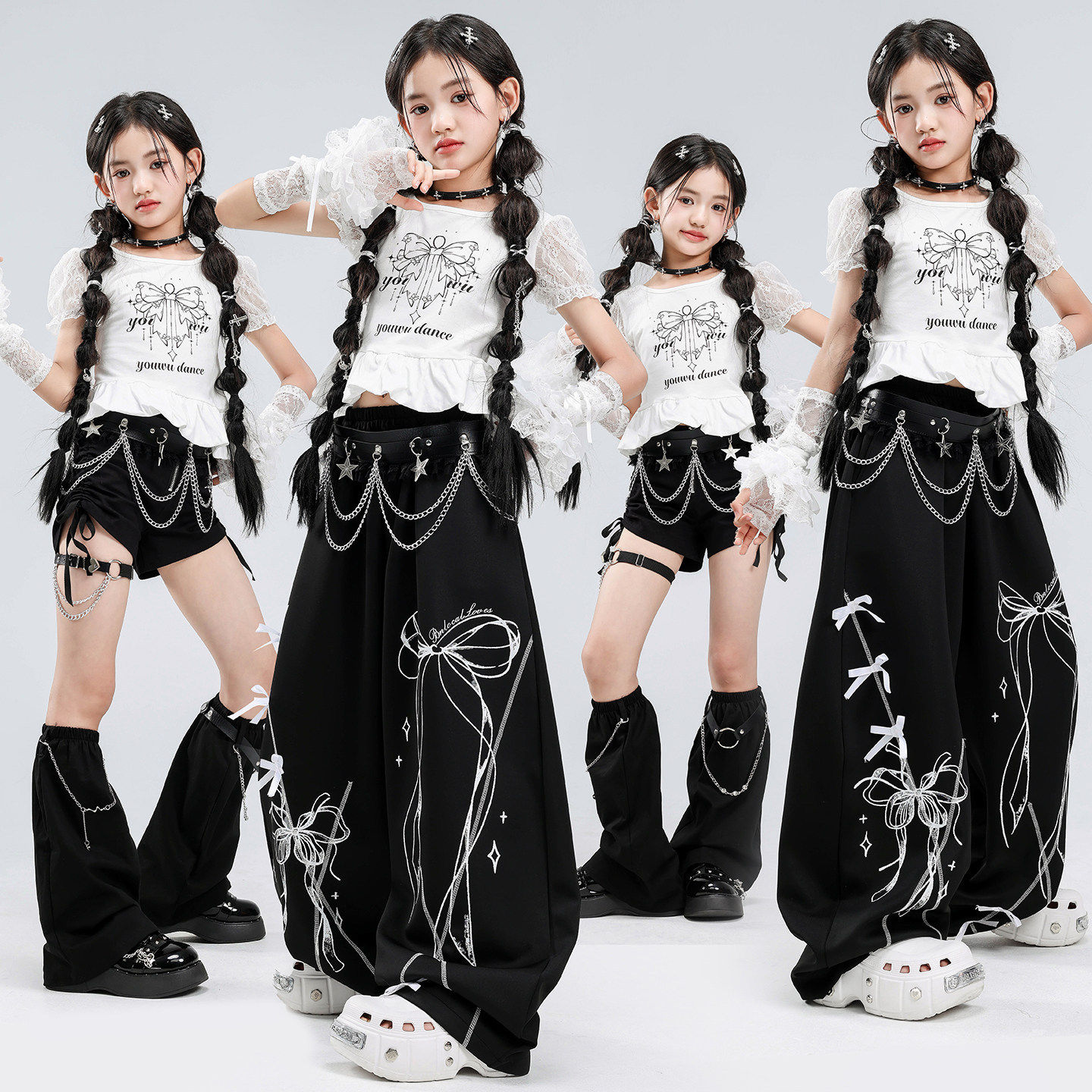 少儿爵士舞服装女童露脐黑白蝴蝶