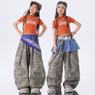 女童爵士舞服装舞蹈服jazz橙色露脐上衣女孩街舞潮服女团表演服潮