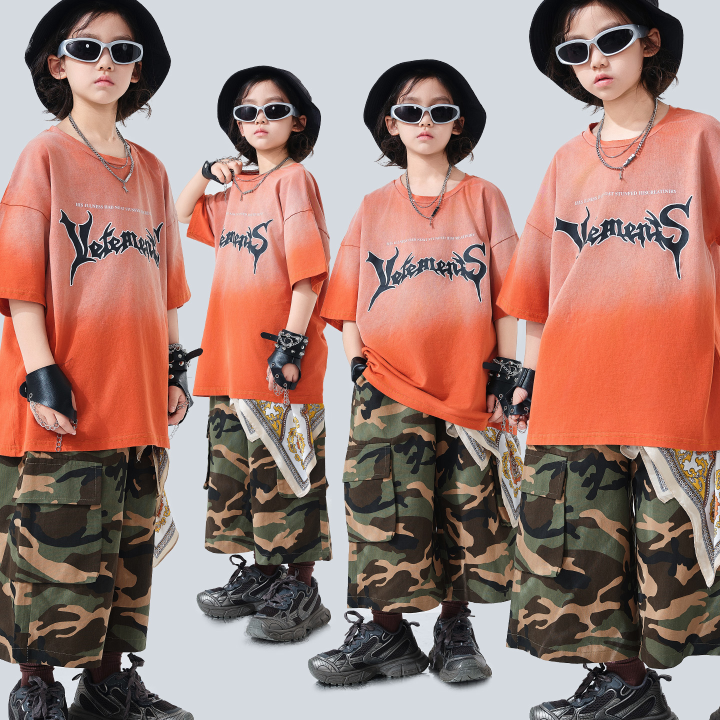 街舞儿 童潮服男 童架子鼓hiphop演出服桔色短袖嘻哈少儿酷帅爵士
