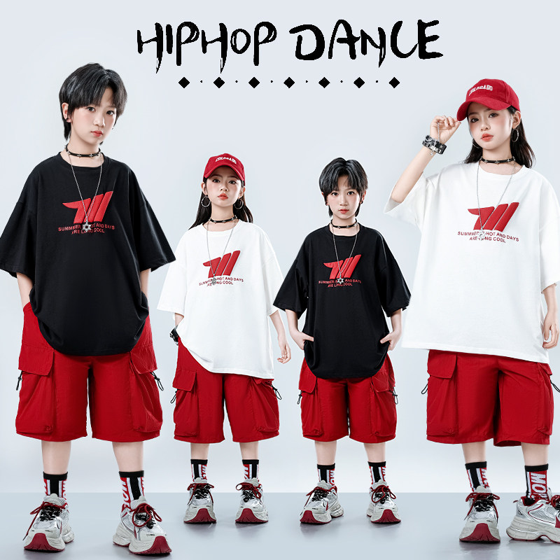 儿童嘻哈街舞服套装hiphop帅气短袖短裤衣服男童韩版演出表演服潮