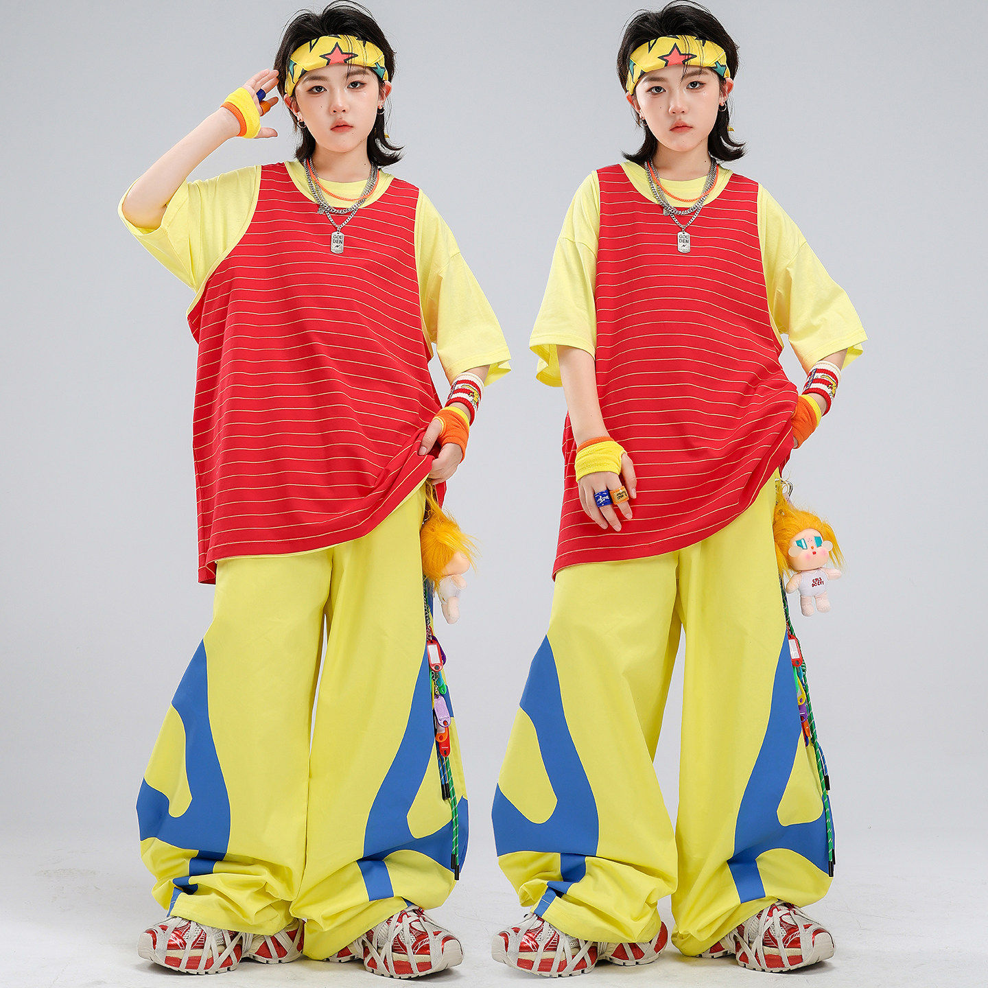 少儿街舞服装嘻哈儿童潮服红黄宽松背心舞蹈服套装夏天男孩演出服