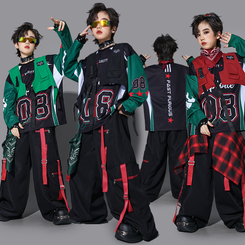 儿童hiphop街舞演出服男童嘻哈马甲套装少儿炸街架子鼓表演服装潮