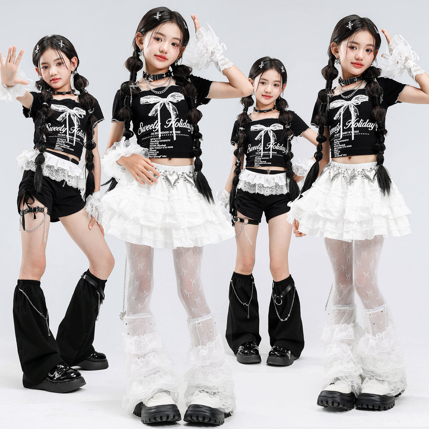 女童爵士舞服装少儿露脐蝴蝶结