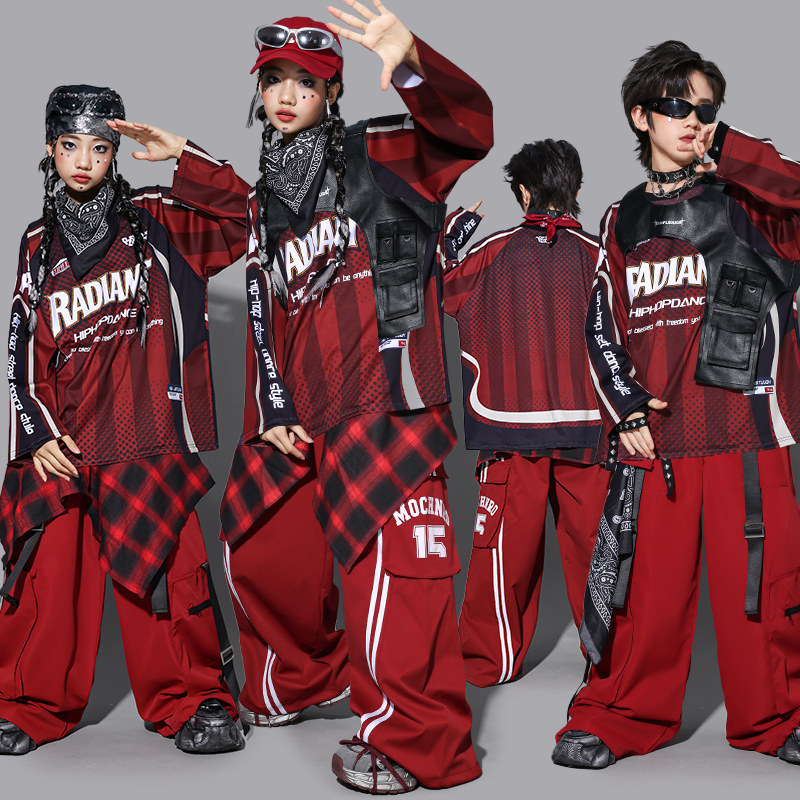 儿童红色hiphop街舞演出服少儿嘻哈马甲套装男童架子鼓服装女孩潮