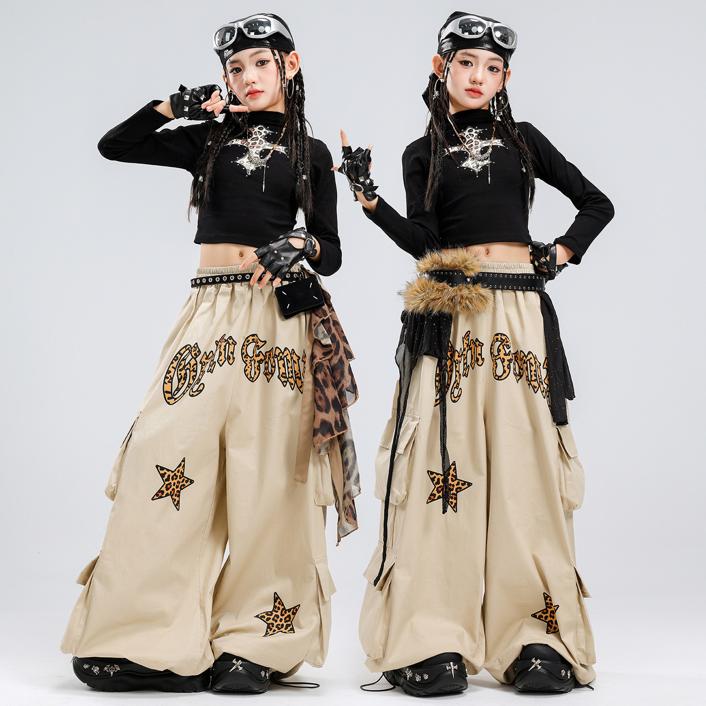 女孩爵士舞套装露脐豹纹十字