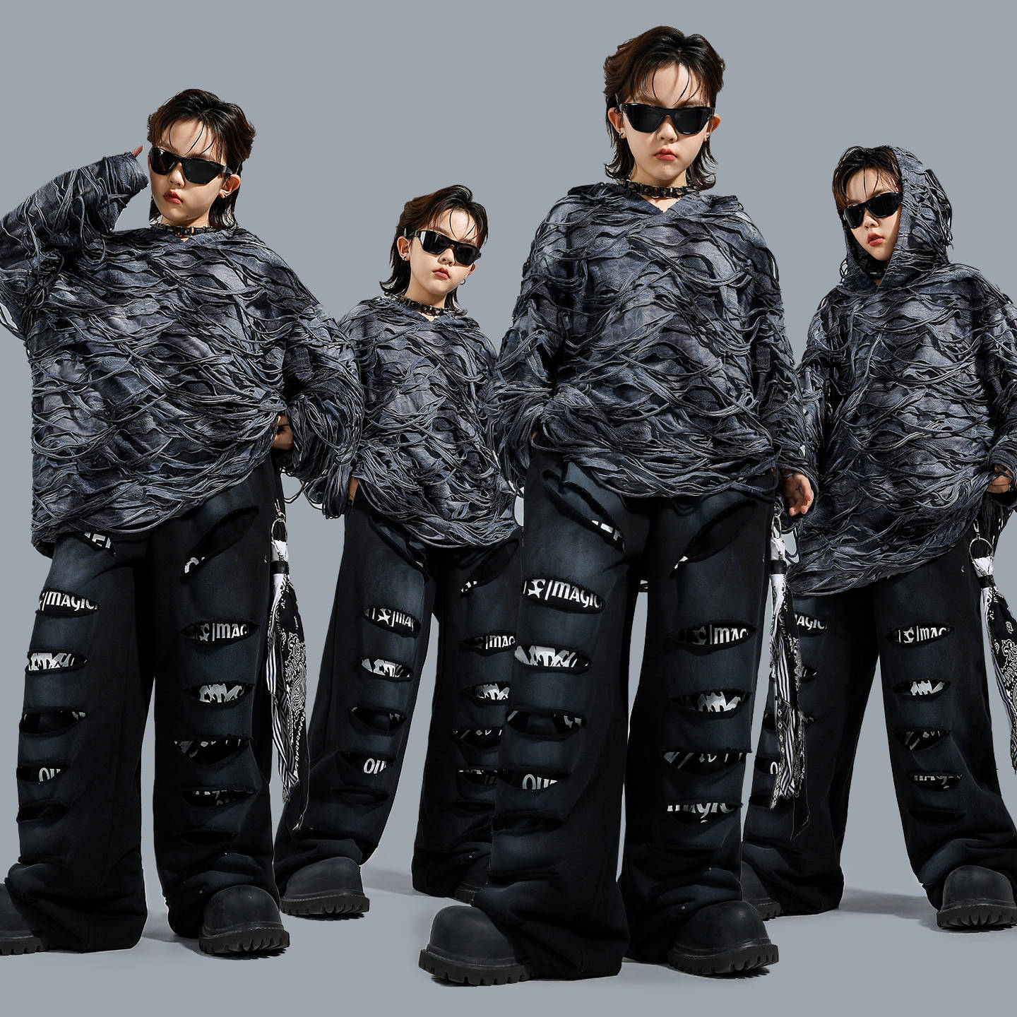 街舞儿童潮服嘻哈男童破洞套装
