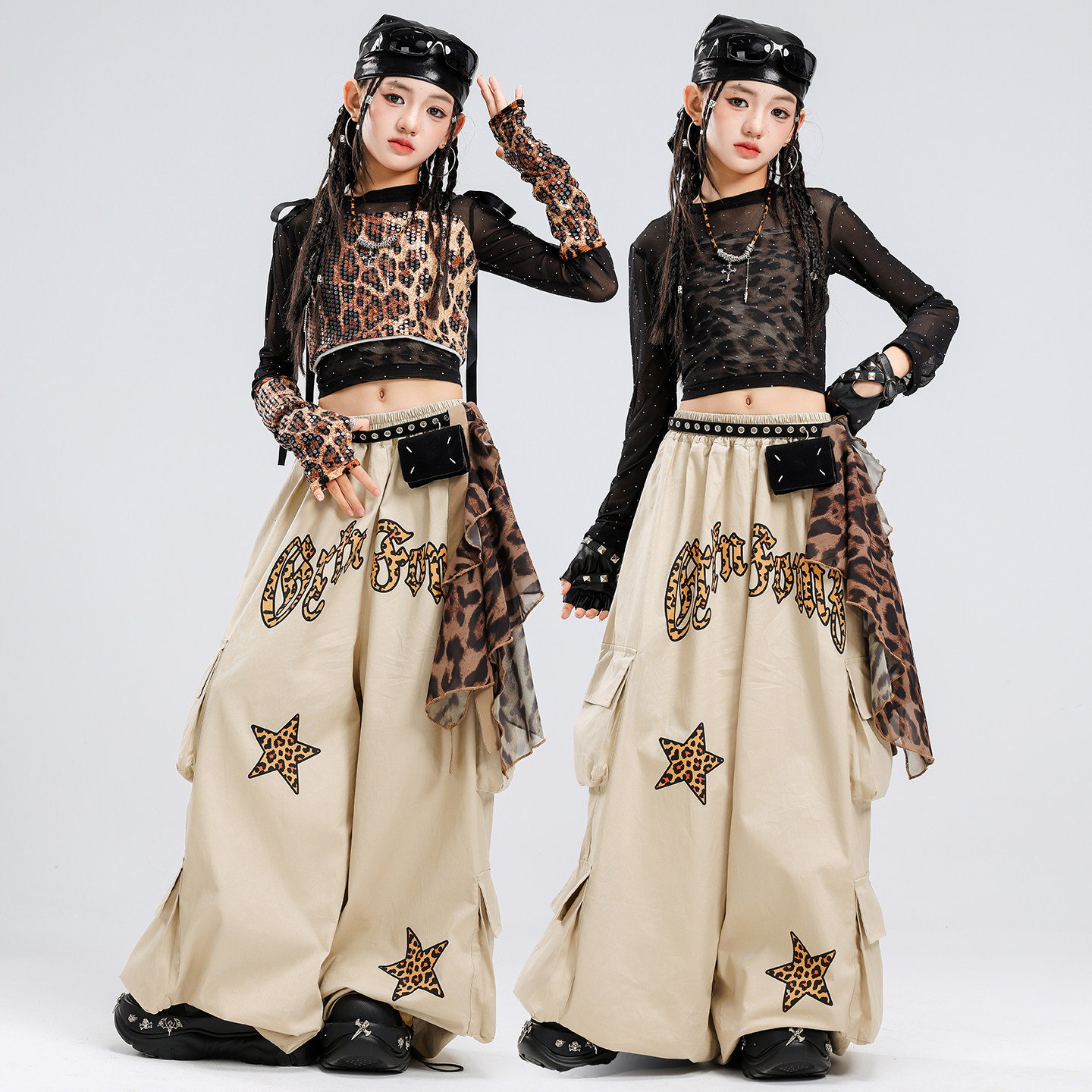 女童爵士舞服装jazz女孩豹纹亮