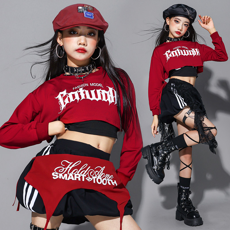 女童jazz爵士舞服装儿童红色街舞演出服少儿走秀套装女孩罩衫潮装