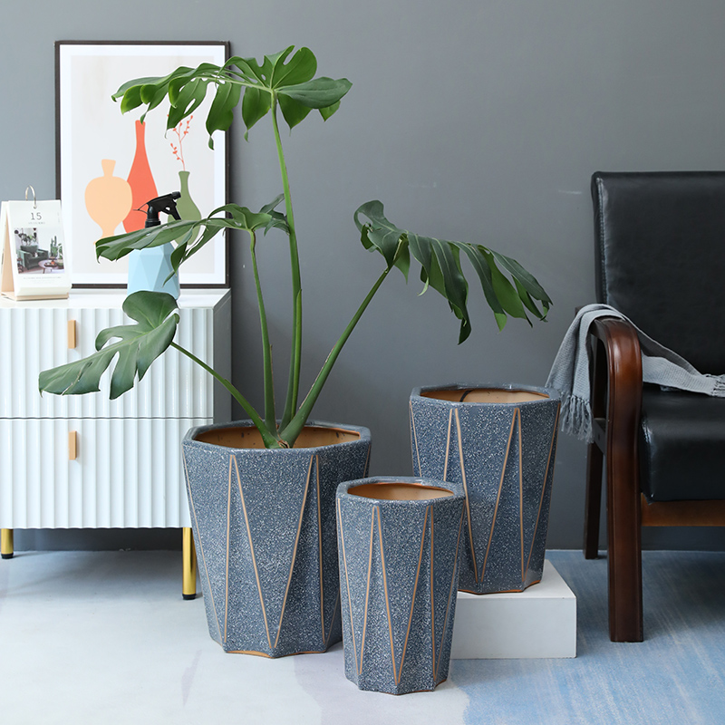 特大号陶瓷花盆八角彩点灰家用店面落地简约易搭绿植盆栽花盆包邮