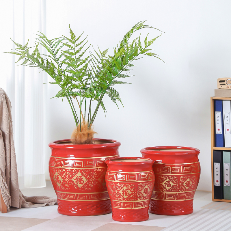 中式红色陶瓷花盆落地家用室内玄关40cm口径种树龙血树发财树茶花