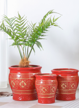 中式红色陶瓷花盆落地家用室内玄关40cm口径种树龙血树发财树茶花