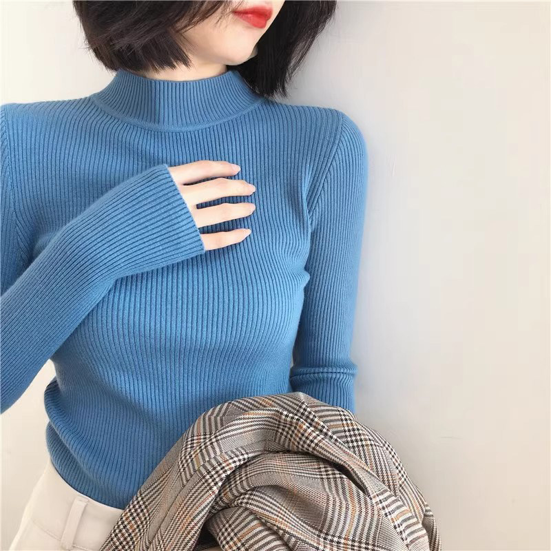 半高领打底针织衫女秋冬2024新款紧身修身内搭毛衣雾霾蓝螺纹上衣