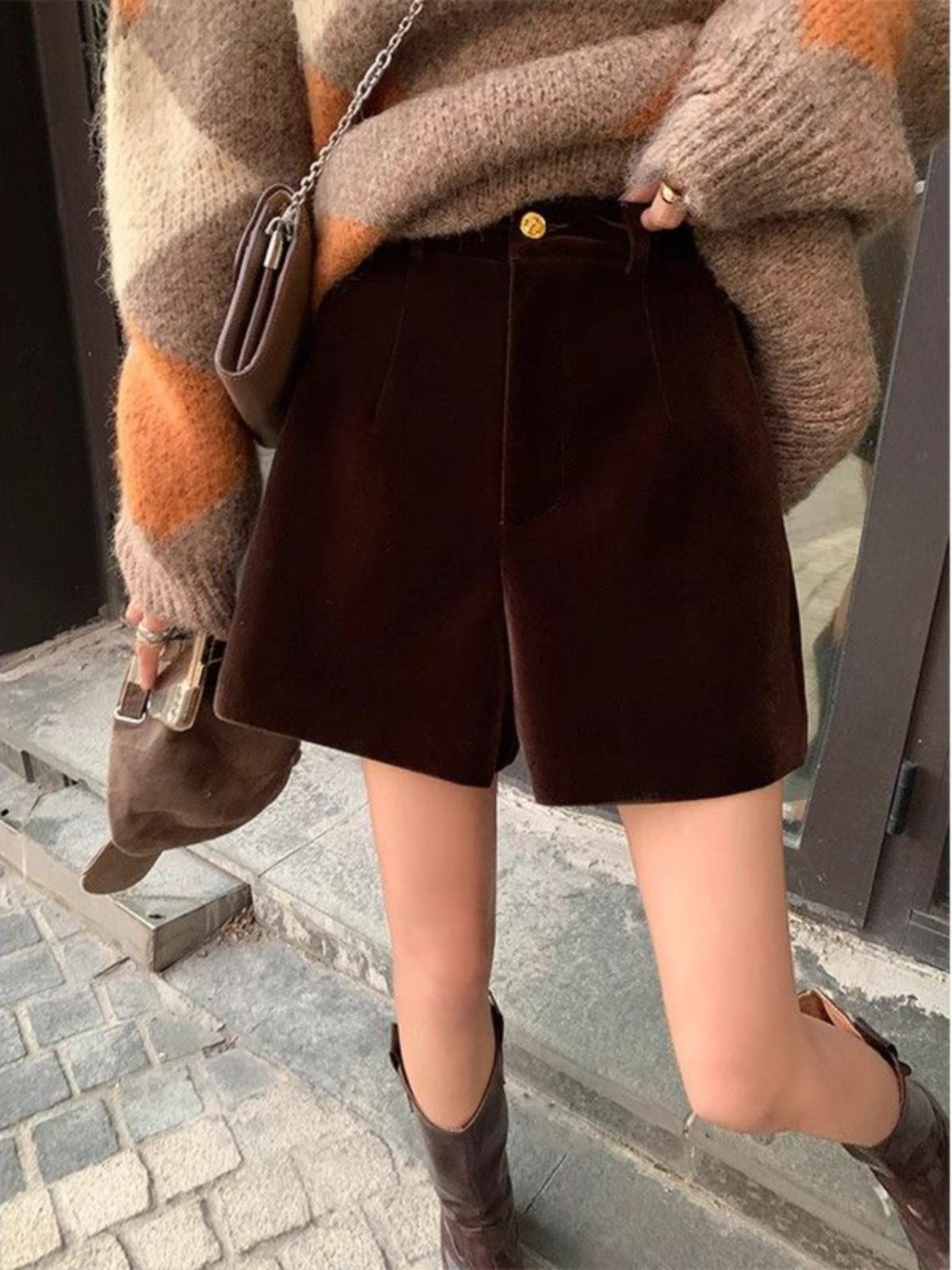 咖色丝绒短裤女春秋冬外穿高腰显瘦小个子宽松阔腿裤a字打底靴裤