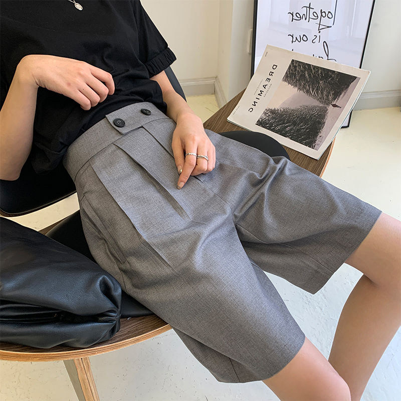 灰色直筒西装短裤女夏高腰显瘦小个子大码五分裤休闲a字阔腿中裤