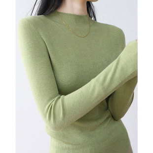 绿色半高领针织打底衫女秋冬内搭气质高级感软糯上衣紧身羊毛毛衣