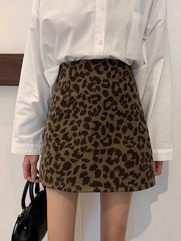 覆古豹纹半身裙女秋冬新款大码胖mm高腰显瘦小个子a字包臀短裙子