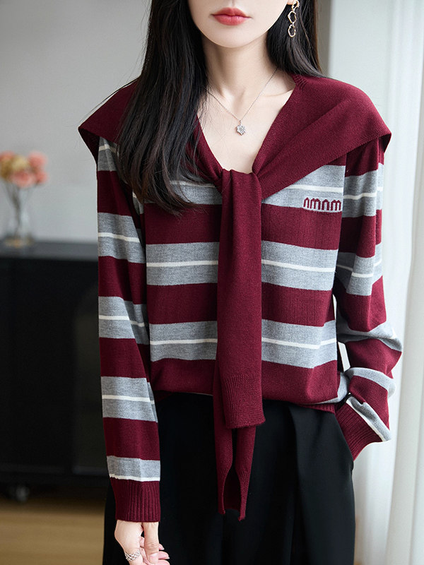 假两件带披肩V领条纹针织衫女秋冬新款宽松套头毛衣长袖打底上衣
