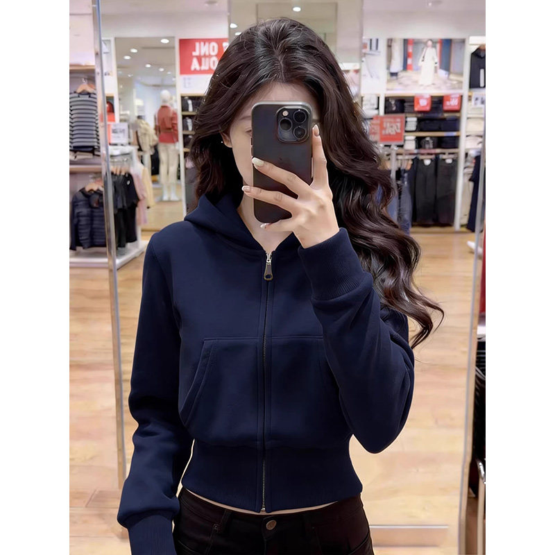 藏蓝色连帽长袖卫衣外套女春秋季新款小个子收腰修身显瘦短款上衣
