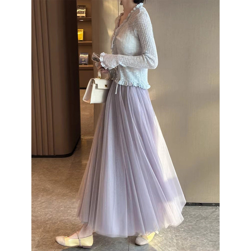 紫色纱裙半身裙女2026春季高腰显瘦遮跨长裙网纱蓬蓬裙大摆a字裙