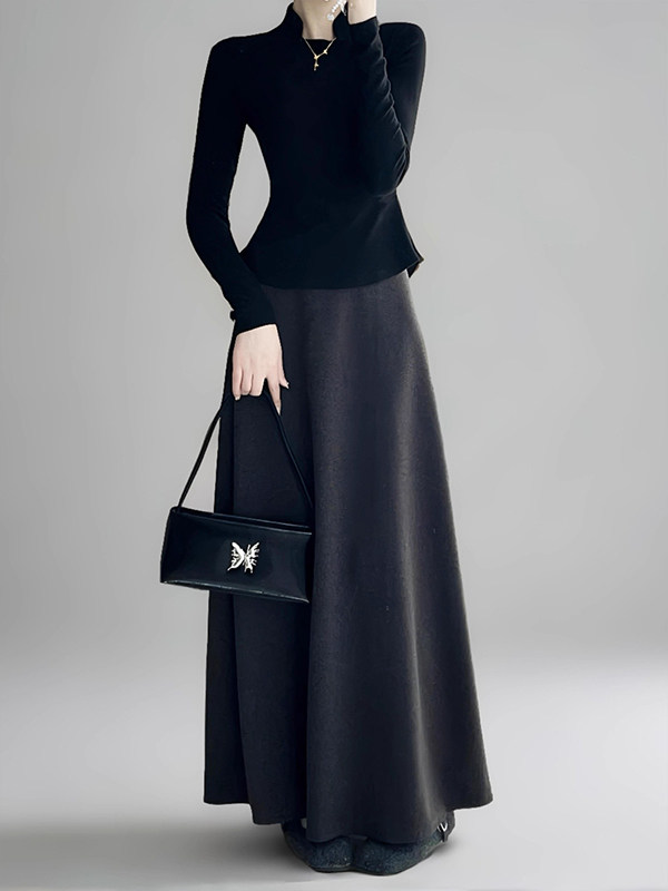 高级感毛呢半身裙女秋冬季新款高腰廓形显瘦长裙休闲大摆a字伞裙