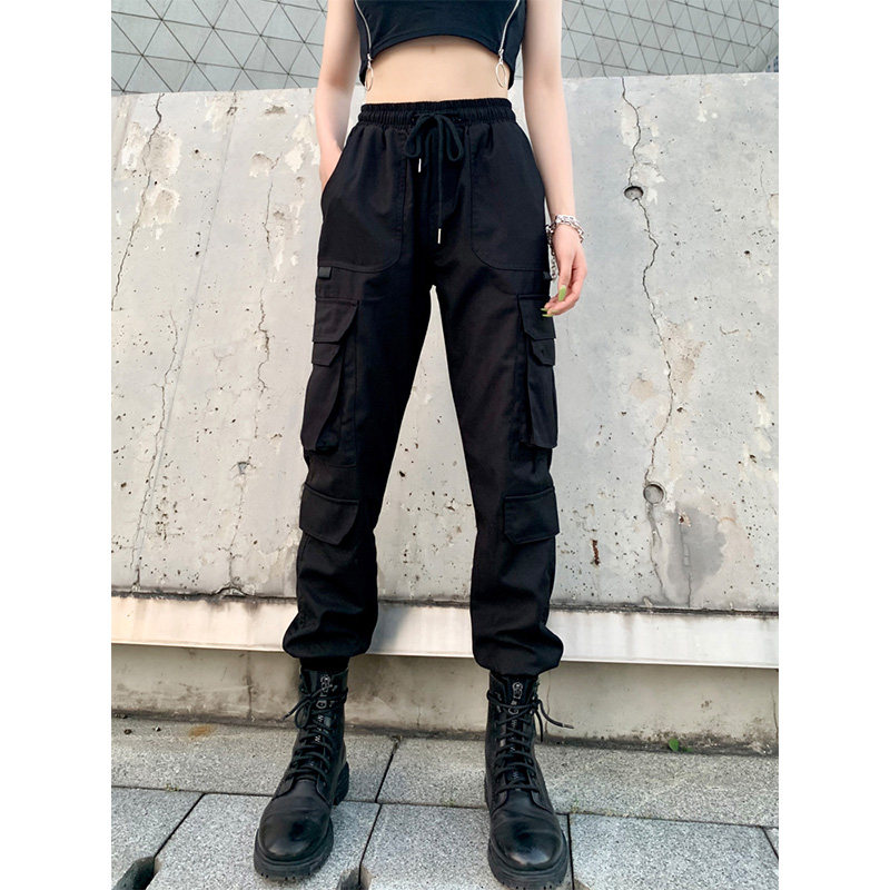 黑色工装裤女夏季薄款松紧高腰显瘦大尺码小个子美式休闲运动束口