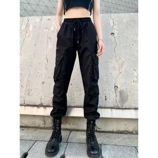 黑色工装裤女夏季薄款松紧高腰显瘦大尺码小个子美式休闲运动束口
