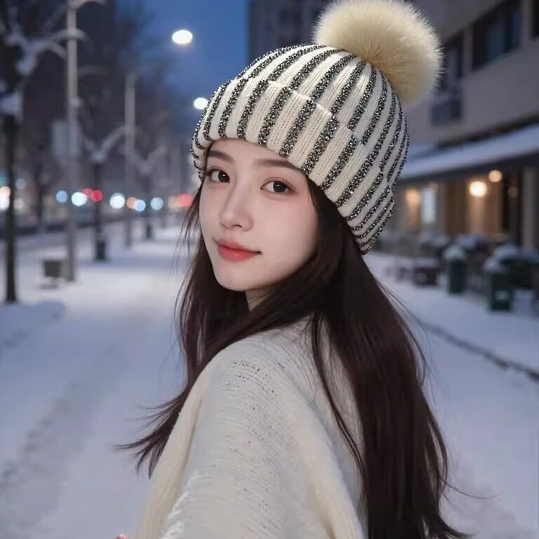 韩版新款潮针织帽子女时尚镶钻毛球毛线帽冬季可爱保暖套头冷帽女