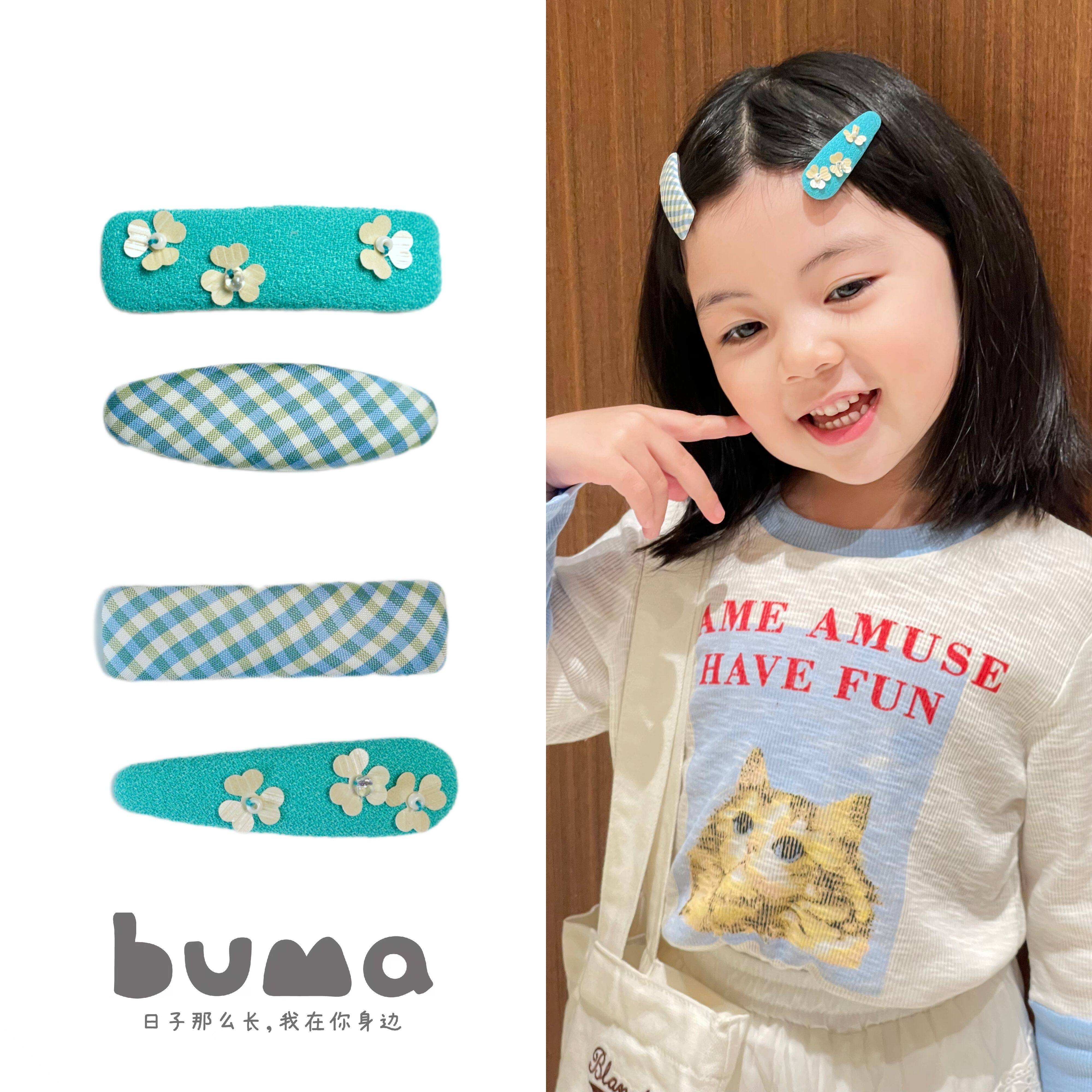 buma侧边夹漂亮小发卡手工发夹奶蓝格子儿童发卡糖果色女孩发夹